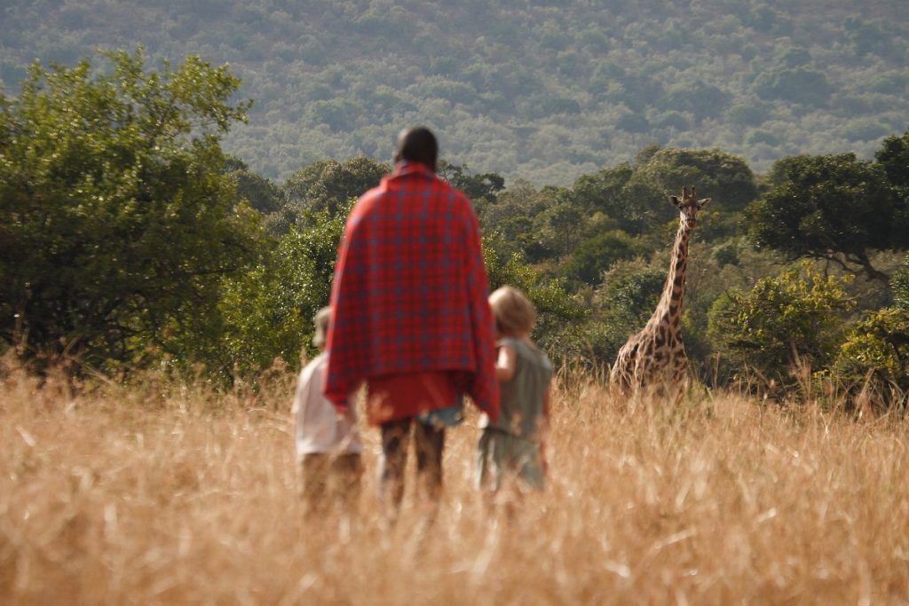 Image of two children with guide on a giraffe safari at Mara Bush Houses in Kenya | True Africa | Blog | Mara Bush Houses, Kenya
