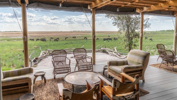 seating area overlooking a field of wildlife at Liuwa Plain National Park