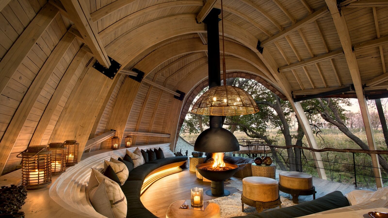 lounge Inviting fireplace overlooking the Okavango Delta