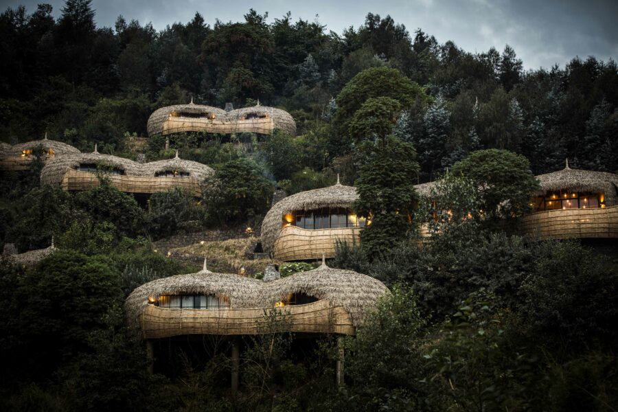 The villas, main lodge and walkways of Bisate Lodge, Wilderness Safari, Rwanda