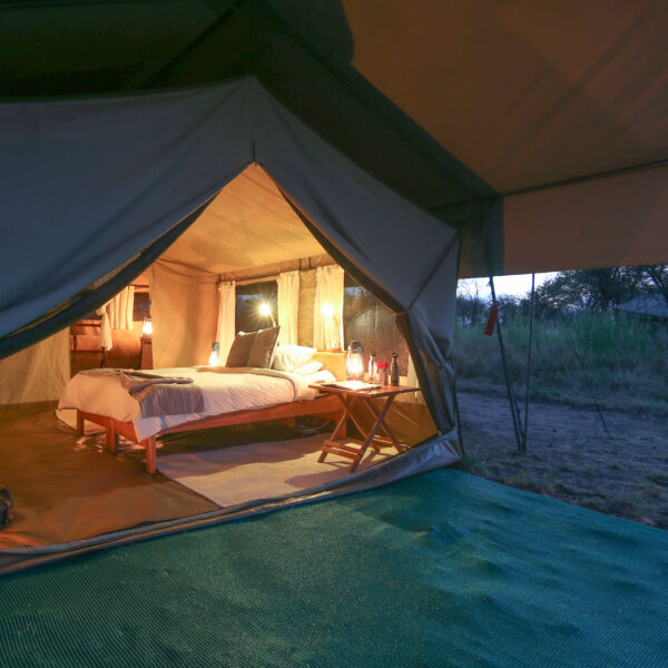 Photo of Serengeti North Wilderness Camp in Tanzania showing the guest tent interior at night