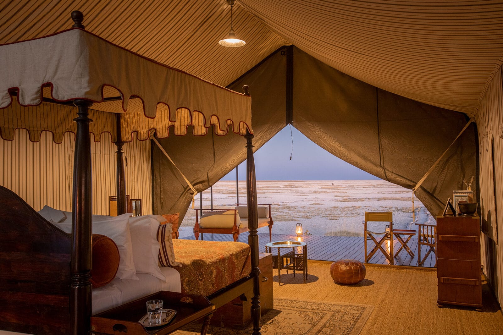 luxurious tents interior overlooking salt pans